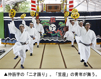 仲筋字の「二才踊り」。「笠座」の青年が舞う。