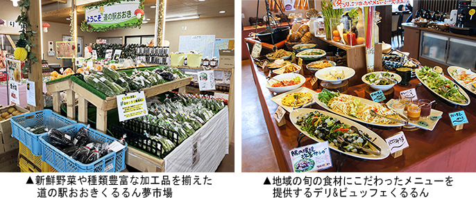 左 :新鮮野菜や種類豊富な加工品を揃えた道の駅おおきくるるん 夢市場 右:地域の旬の食材にこだわったメニューを提供するデリ&ビュ ッフェくるるん