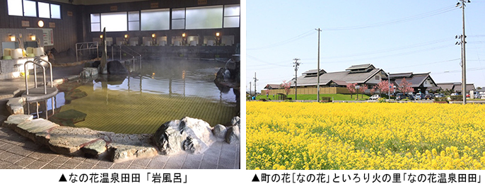 左:なの花温泉田田「岩風呂」 右:町の花「なの花」といろり火の里 「なの花温泉田田」